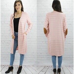 Sunshine & Rodeos Boutique Peach Striped Duster Cardigan Elbow Patches Sz XL EUC